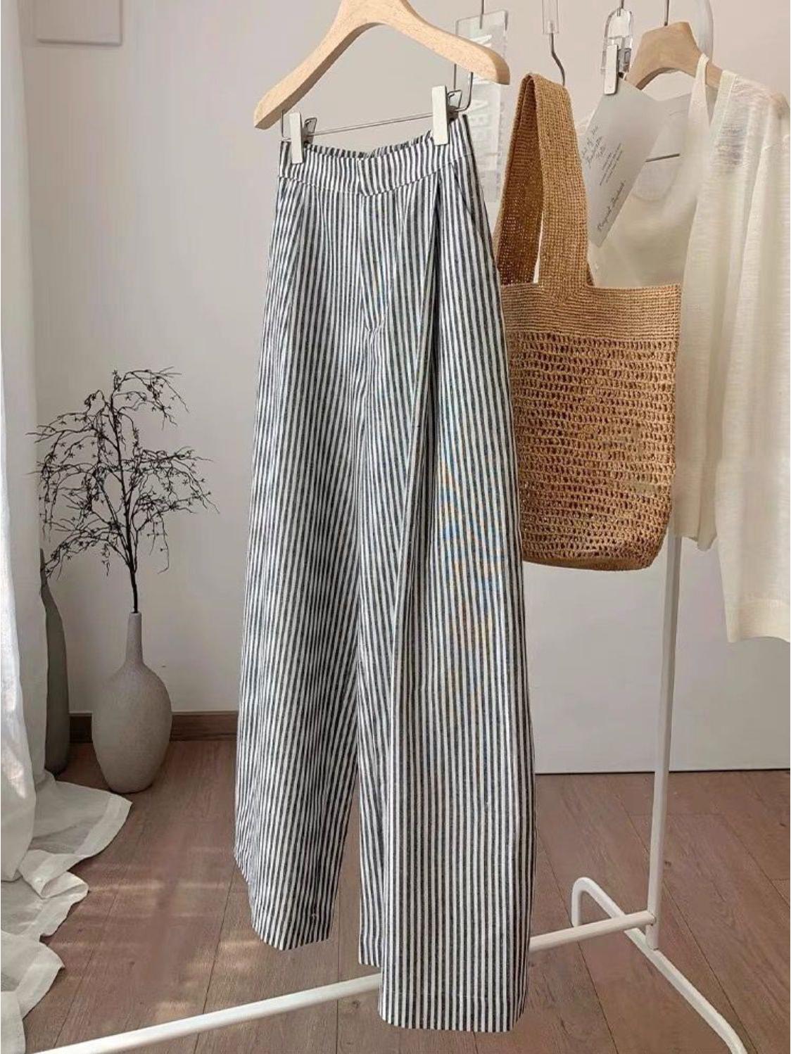 Japanese-Style Linen Cotton Striped Women s Wide-Leg Pants - Soft, Comfortable, Relaxed Fit Small