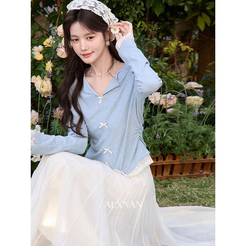 Luxiangnan Women s Blue Fake Two-Piece Long Sleeve Top S