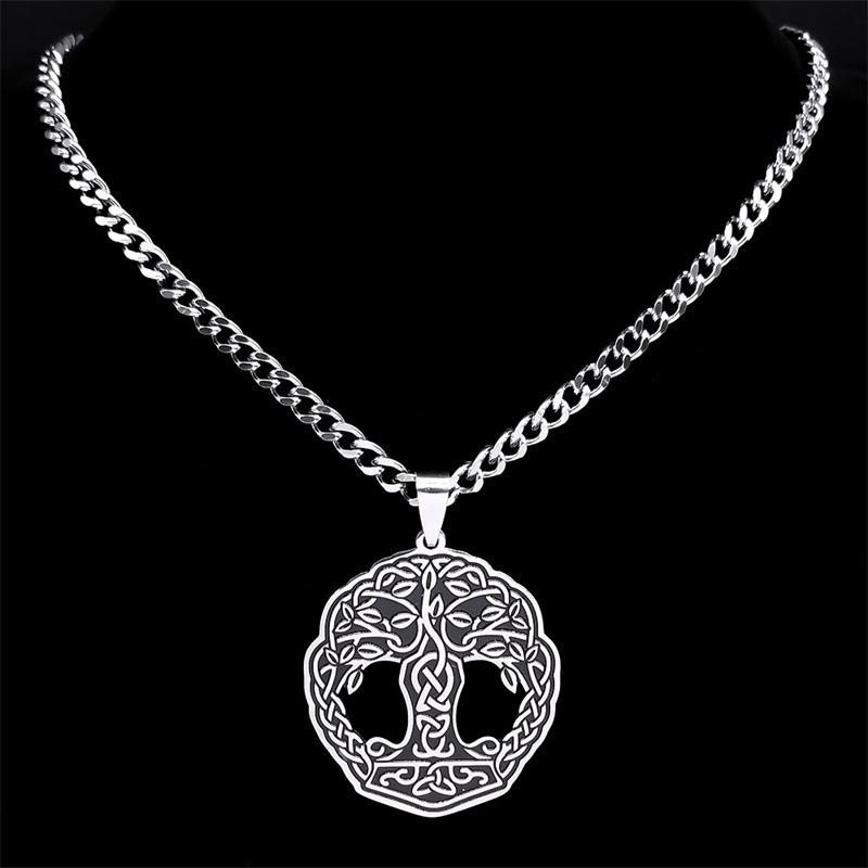 Viking Style Tree Of Life Celtic Knot Stainless Steel Necklace Antique Blackened Jewelry