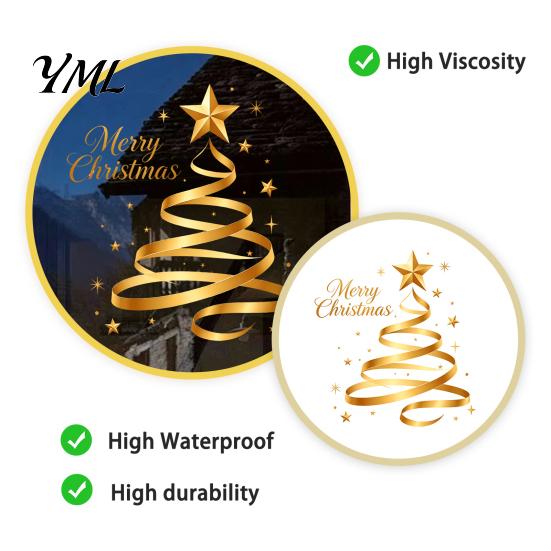 Seasonal Home Decoration Gold Ribbon Christmas Tree Static Cling Window Decal, Merry Glass Clings Sticker with Stars, Reusable Holiday Decor for Shop