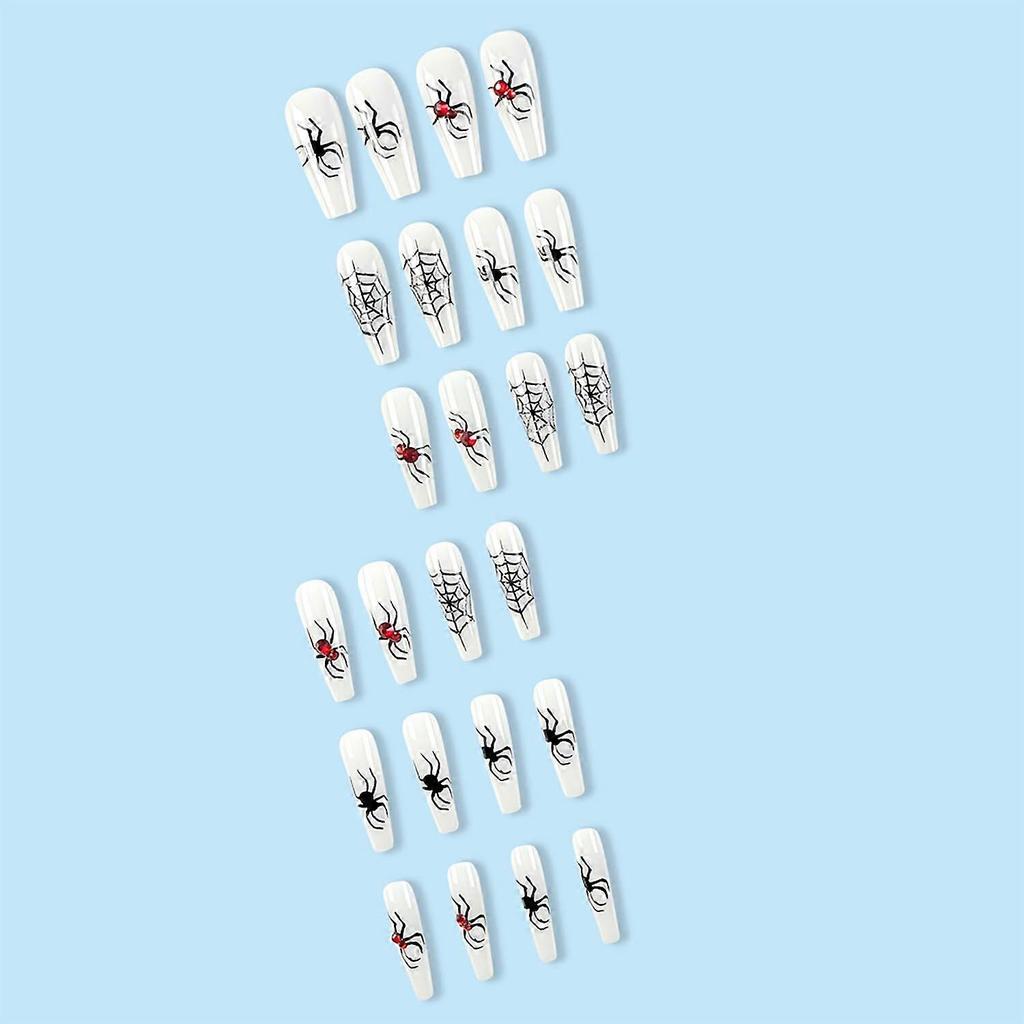 24Pcs Long Coffin Press On Nails with Glue Halloween White Spider Web Acrylic Nail Set
