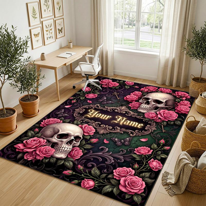 Skull Floral Theme Soft Crystal Velvet Rug Custom Name & Text Print Non Slip Floor Rug for Bedroom Living Room