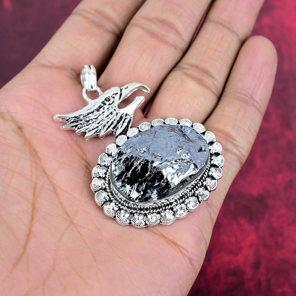 Surowy Wisiorek z Szungitu, Biżuteria ze Srebra Próby 925, Ręcznie Robiony Wisiorek, Na Święto Dziękczynienia