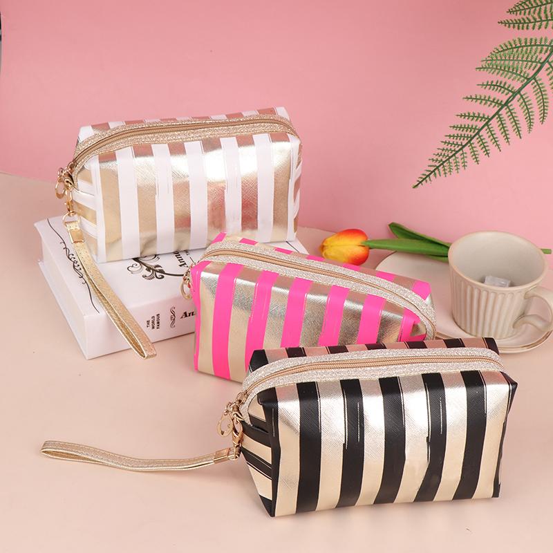 Phnom Penh Stripe Cosmetic Bag Pu Leather Anise Storage Bag Lady Clutch Bag