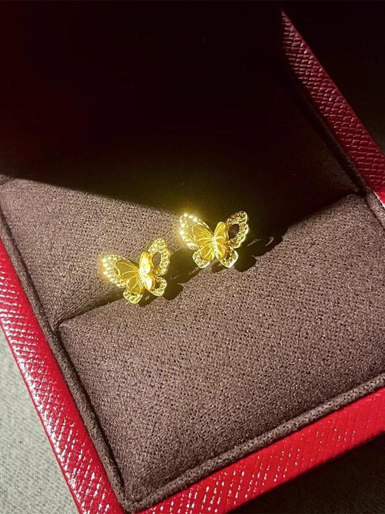 Ancient Gold Double-Layer Butterfly Stud Earrings for Women, Chinese Style Fairy Jewelry, 2025.