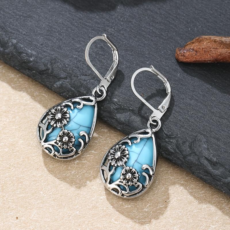 pair of women s drop earrings, sunflower-shaped with synthetic turquoise inlay