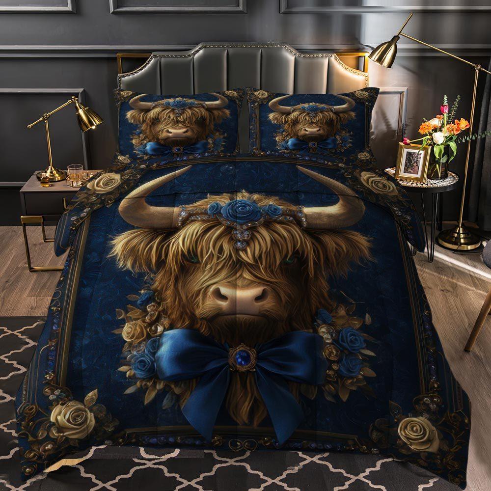 3 Pcs Highland Cow with Roses Quilt Set thick blanket Set Elegant and Festive Comforter Bedding Set 1 Quilt + 2 Pillowcases