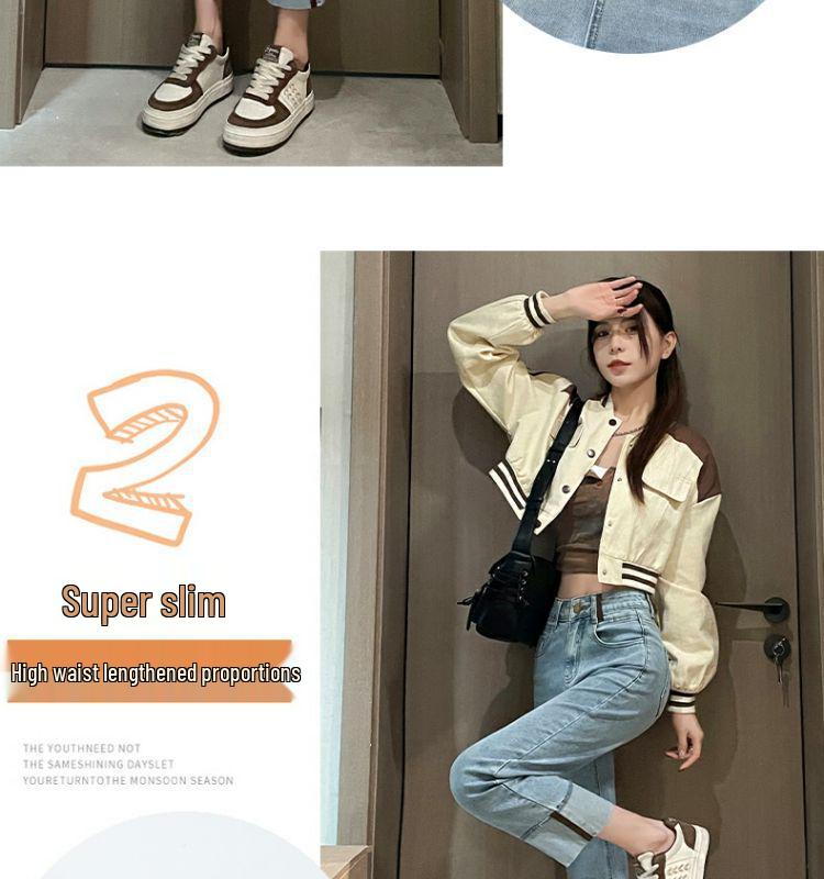 Light Blue Slim Fit Rolled Hem Cigarette Jeans for Women - Petite French Style, Spring/Autumn 2025 Edition.