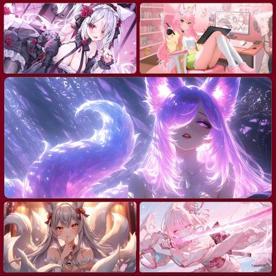 Gaming Mouse PadLarge Desk MatAntislip Base Stitched Edges Fox Girl Anime Collage Print Keyboard Pad for Gamer Home Office