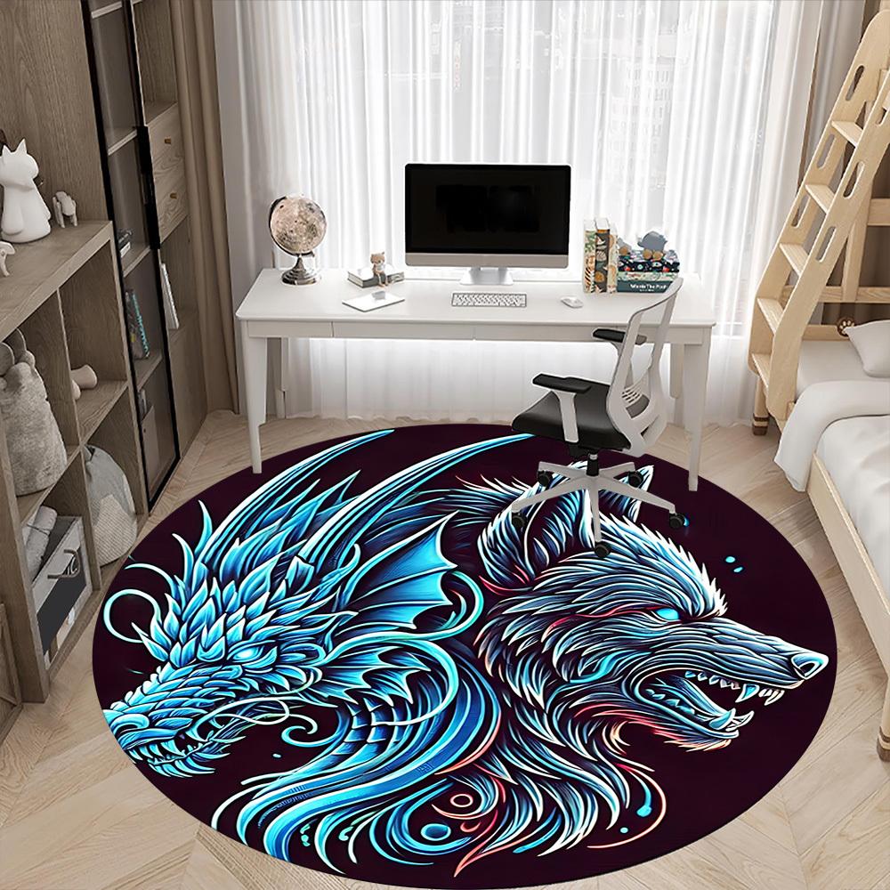 1PC Wolf Dragon Head Office Round Rug, Non slip, Soft and Durable Office Rug for Interior Decoration, Perfect for Office