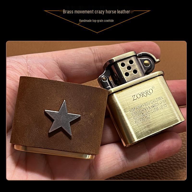 Zorro 506 Antique Silver Star Leather Brass Kerosene Lighter - Handmade Gift