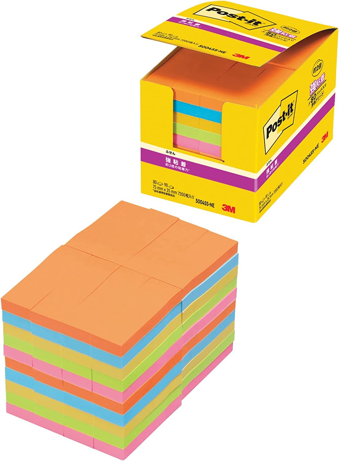 

липкие яркие неоновые 75 x 25 90 листов x 80 стикеров Post-it, самоклеящиеся, цветные, мм, книжки, 5004SS-NE