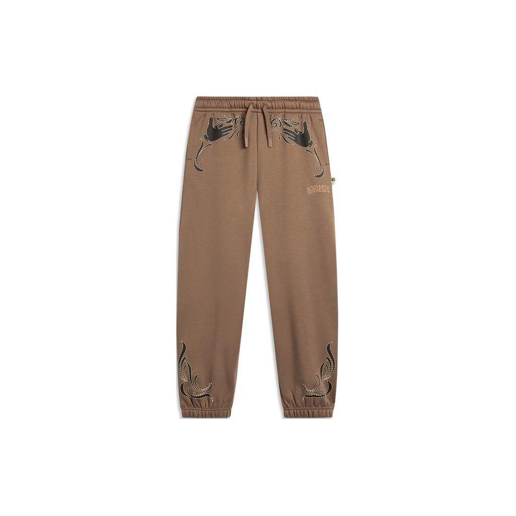 Li Ning Badfive Letter Pattern Printed Cuffed Knitted Sports Pants Men Bottoms Brown AKLTE41-2