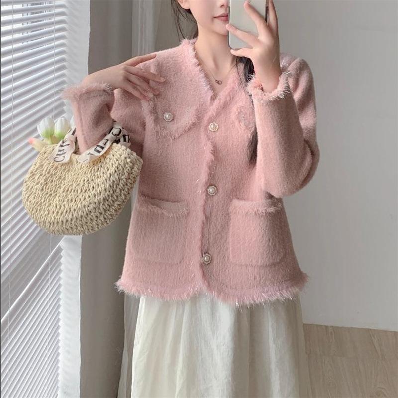 2025 autumn new imitation mink small fragrant knitted cardigan top gentle and sweet wind vertical stripes thin coat