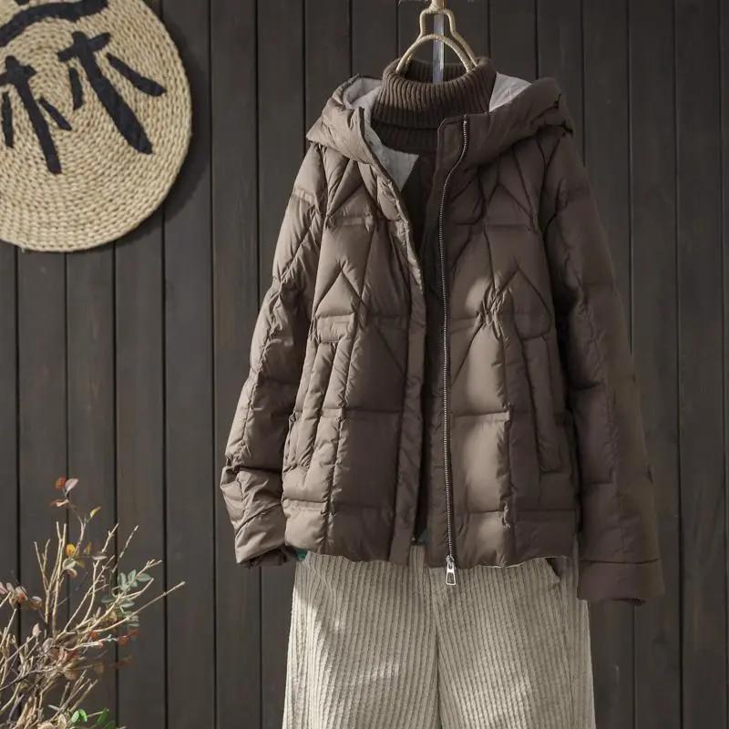 

Женская зимняя пуховая куртка с капюшоном из белого утиного пуха, зимняя повседневная свободная утолщенная тонкая куртка M кофейный