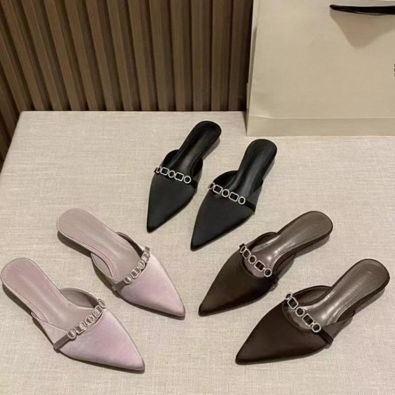 New Temperament Pointed Toe Shallow Silk and Satin Slippers Summer New Baotou Crystal One-band Soft-soled Low-heeled Shoes