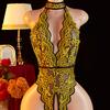 Hot Girl Adult Women Lace Sexy Backless Printed Pattern Perspective Slimming Beautiful Yellow Unobstructed Jumpsuit Clothing