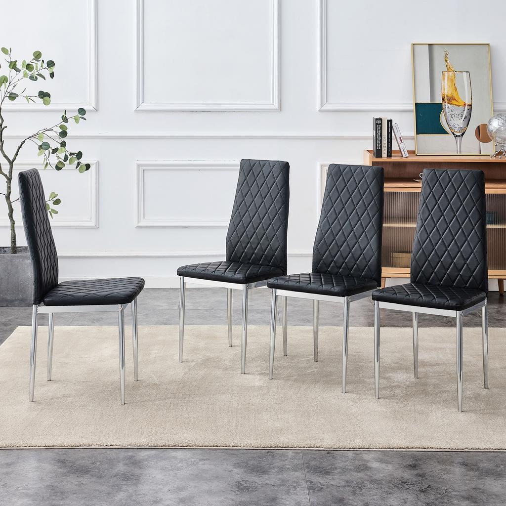 Set di 4 sedie da pranzo, nere, ecopelle PU con motivo a rombi, gambe in metallo, sedia moderna per cucina, soggiorno, caffè e ufficio domestico