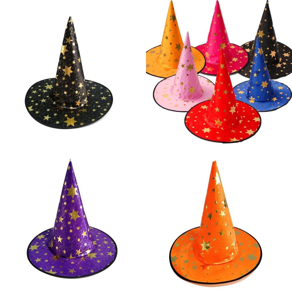 Halloween Hat For Children And Adults Magical Wizard Hat With Golden Embroidery And Five-pointed Star Design