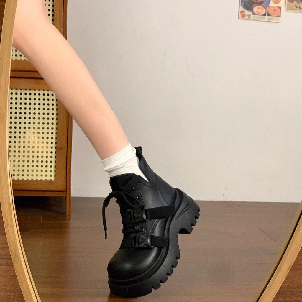Sense Niche British Style Short Boots Temperament Black Lace-up Design Thick-soled Martin Boots Retro