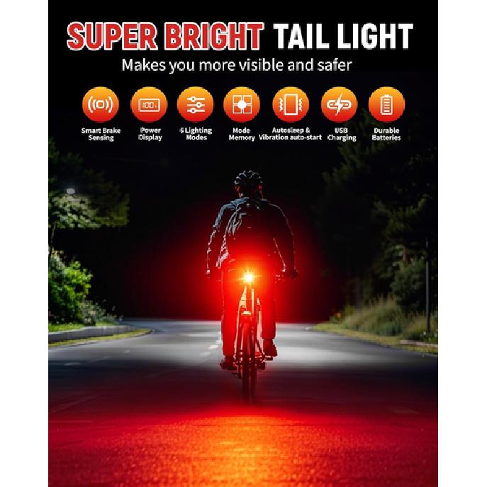 Bike Tail Light with LED Display Screen, USB-C Rechargeable 6 Light Modes, IP55