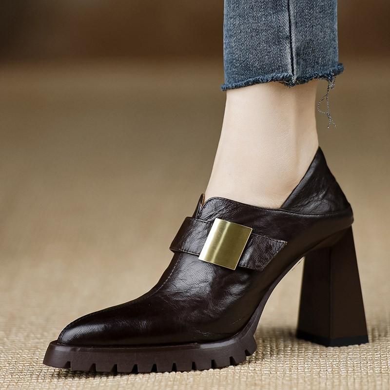 

Модные весенние новые туфли на толстом каблуке, женская мода, заостренный носок, боковая молния, металлическая пряжка, противоскользящие, износостойкие туфли на высоком каблуке 39