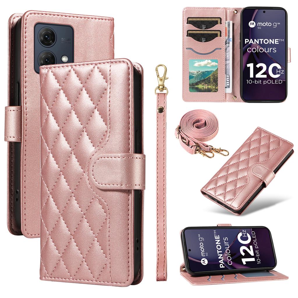 For Motorola Moto G84 5G Case Wallet Rhombus Leather Phone Cover with Shoulder Strap,Wrist Strap