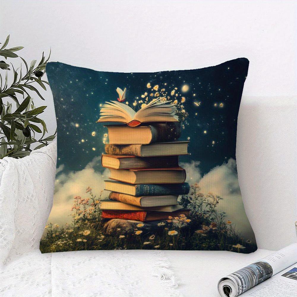 1 Federa per Cuscino per Amanti dei Libri - Federa Magica per Cuscino Decorativo Letterario con Libri Impilati, Prato Fiorito e Stelle - Giorno Mondiale del Libro D