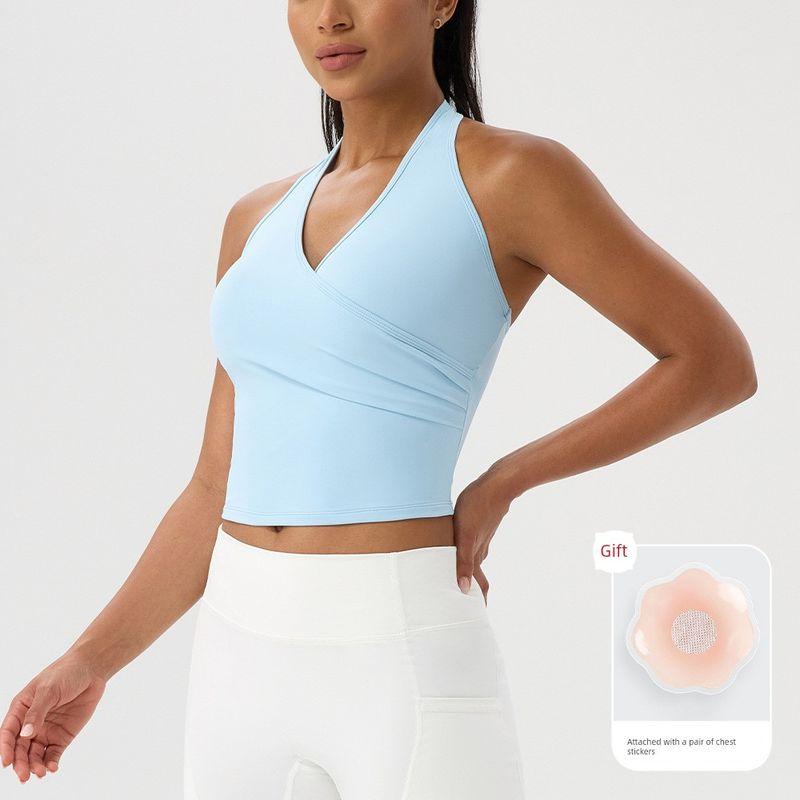 

Foreign Trade New European Beauty Yoga Clothes Halter Top V-neck Nude Feel Quick-Drying Fitness Running Exercise Vest Top Sky Blue XXL