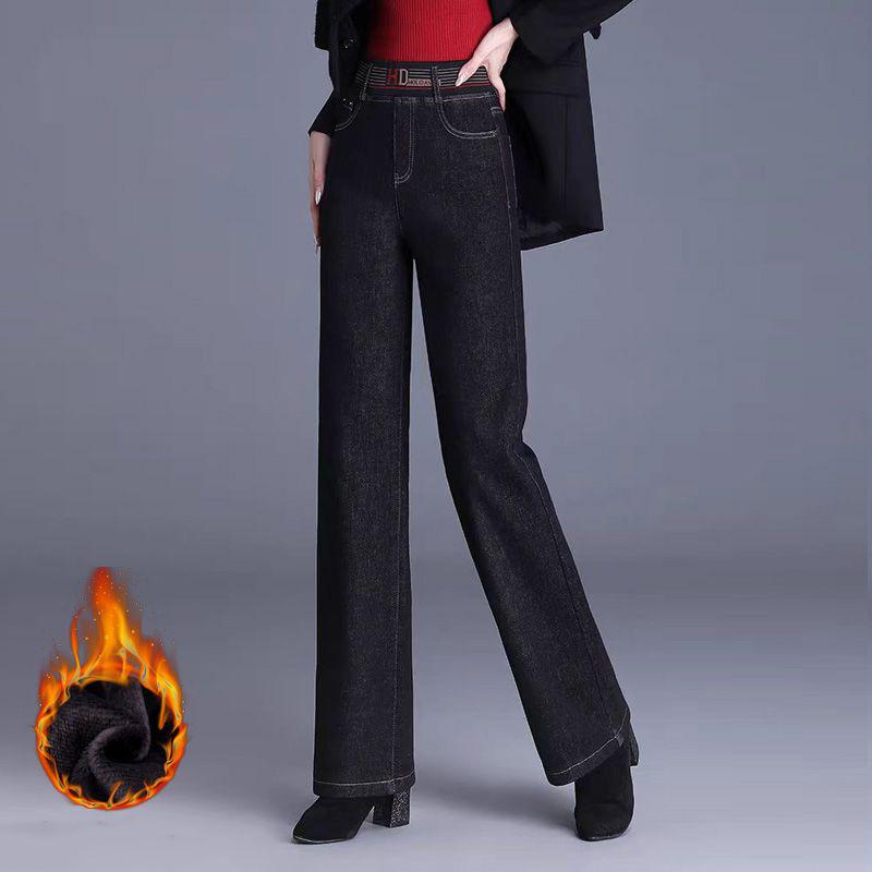 Winter Warm Casual Baggy Straight Jeans Thicken Fleece Wide Leg Denim Pants Women Elastic High Waist