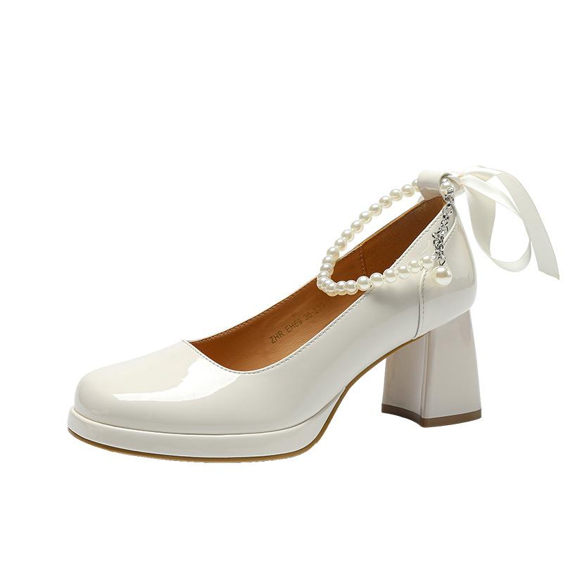 

Модная женская обувь в стиле легкой роскоши, туфли Мэри Джейн с бантом, жемчужные туфли на высоком каблуке, обувь для вечеринок 38
