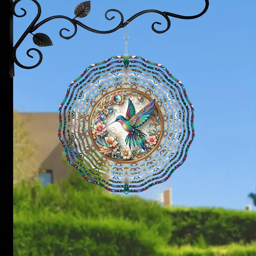 10-inch Hummingbird Wind Spinner – 3D Kinetic Metal Hanging Sculpture with 360° Rotating Hook, Vibrant Floral & Bird Design