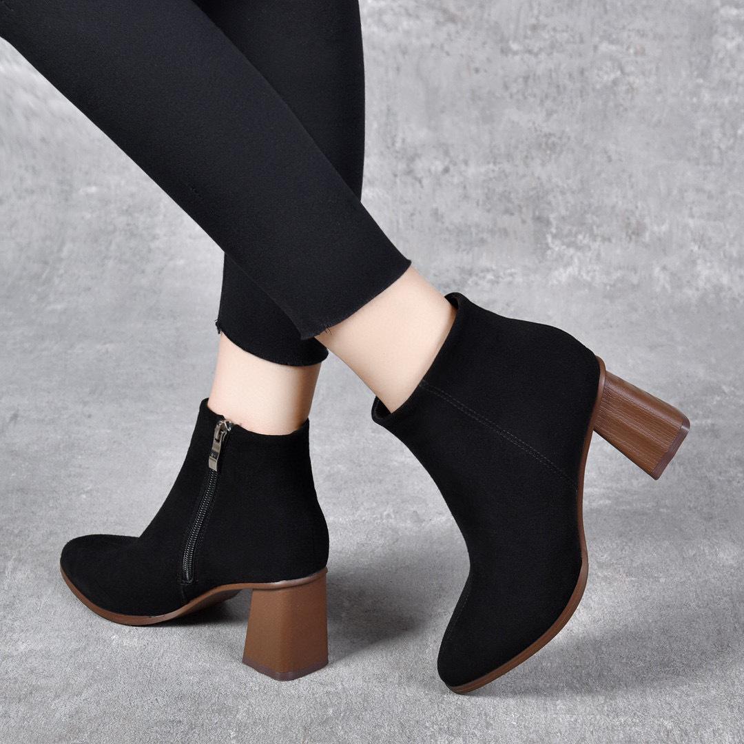 

Модные ботильоны с острым носком женские осенне-зимние новые черные из овчины на высоком каблуке простые темпераментные женские тонкие ботильоны 41