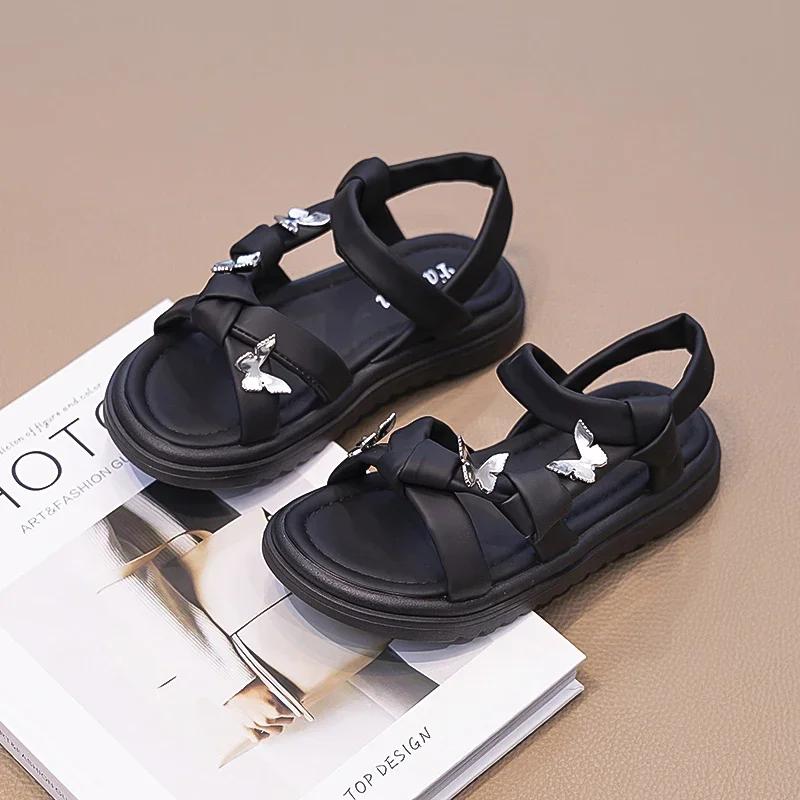 Girls Butterfly Sandals Princess Sweet Children New Trendy Chic Summer Beach Shoes Soft Beige Black with Metal Butterfly Cute