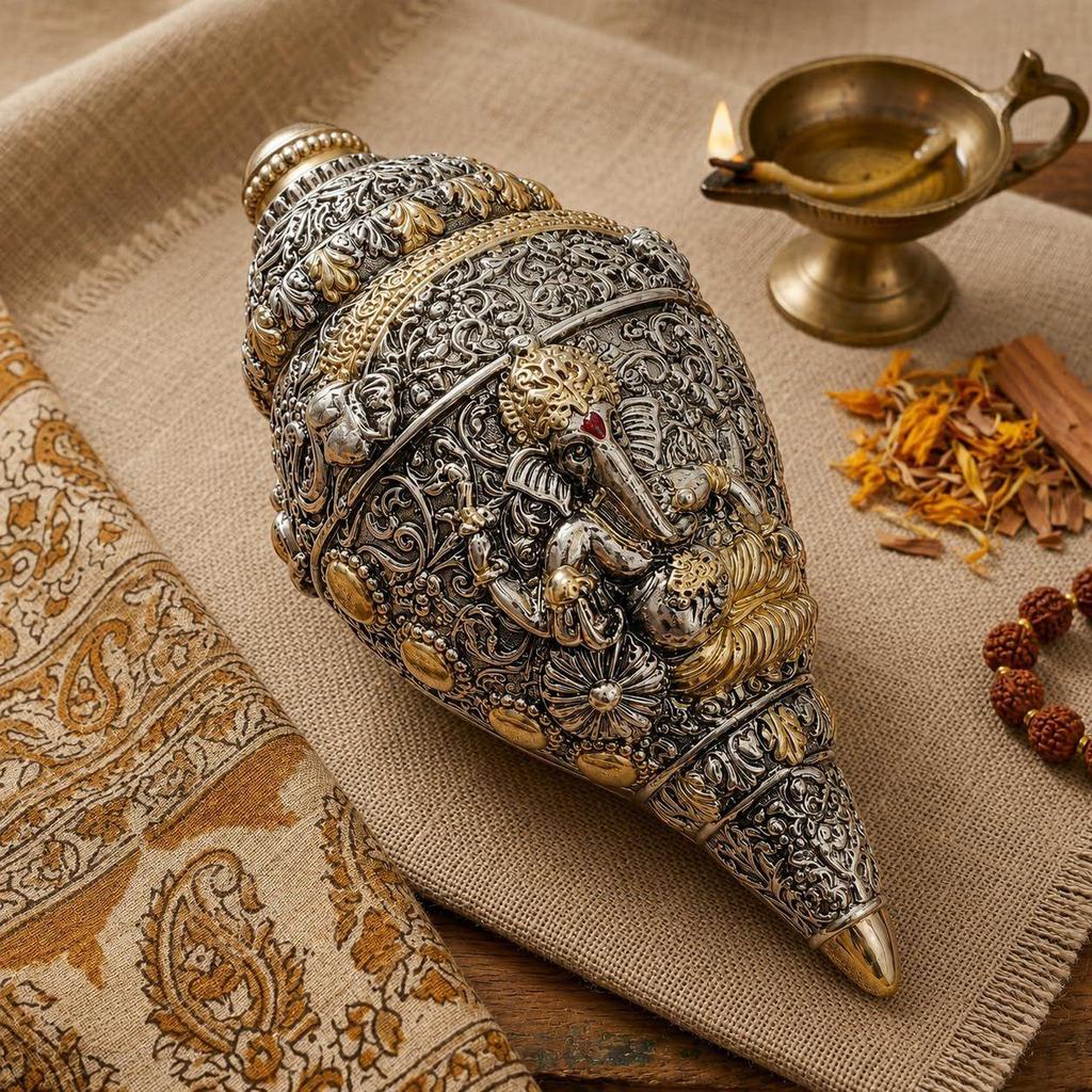 999 Pure Silver Plated & 24K Gold Plated Ganesh Shankh Idol (5.5 Inch) – Dual Tone Sacred Conch Shell Ganpati Murti | Vastu Showpiece