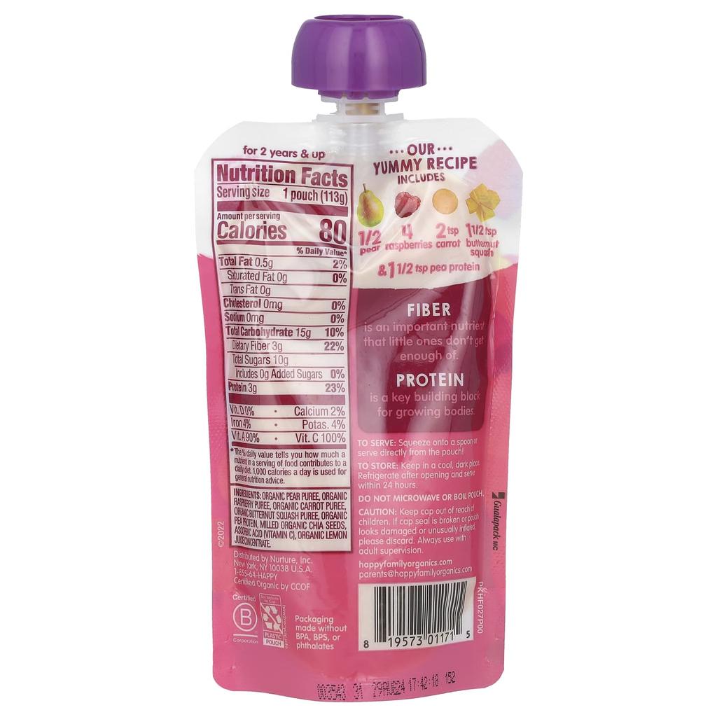 Happy Family Organics, Happy Tot, Fiber & Protein, 2+ Years Old, Organic Pear, Raspberry, Carrot and Butternut Squash, 4 oz (113 g)
