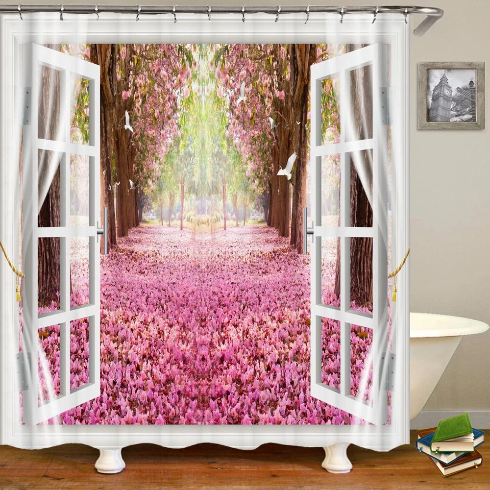 Badrum Vattentät Duschdraperi Polyester 3D Berg Trädgård Havssida Vacker Blomma Landskapstryck Hemdekoration Draperi