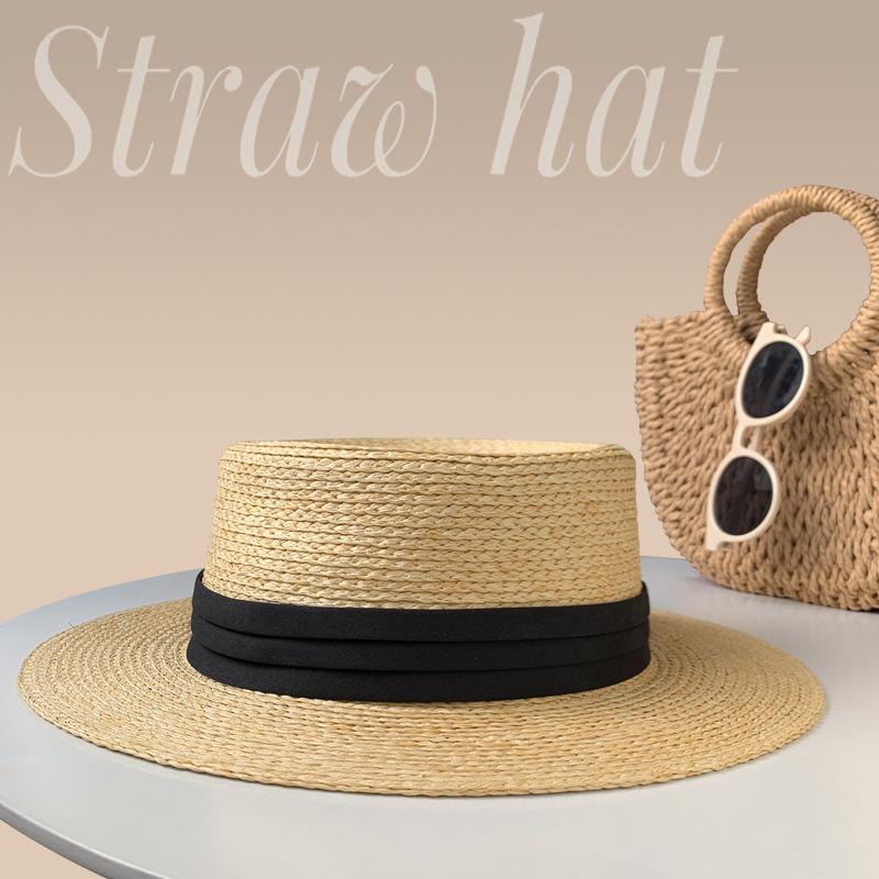 French Straw Hat Women S Summer Elegant Top Hat Lafite Straw Woven Flat-Top Beach Seaside Sun Protection Hat adjustable