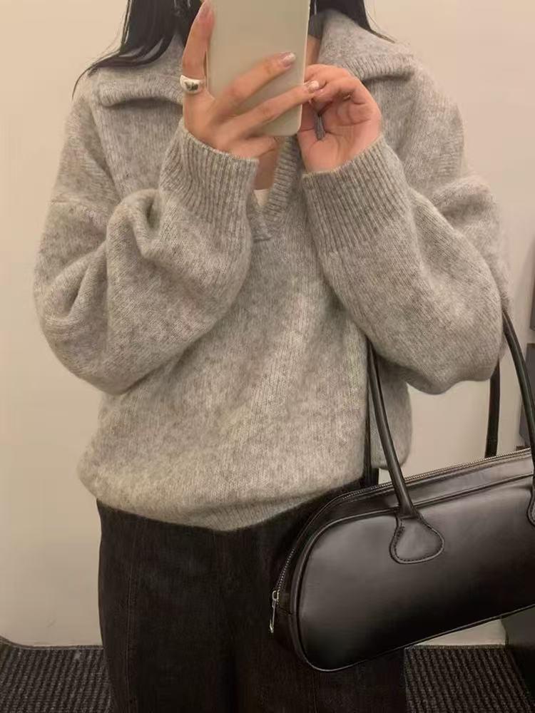 Women's Pure Wool Lapel Sweater, Autumn/Winter 2025, Thick Knit Loose POLO Collar Pullover.