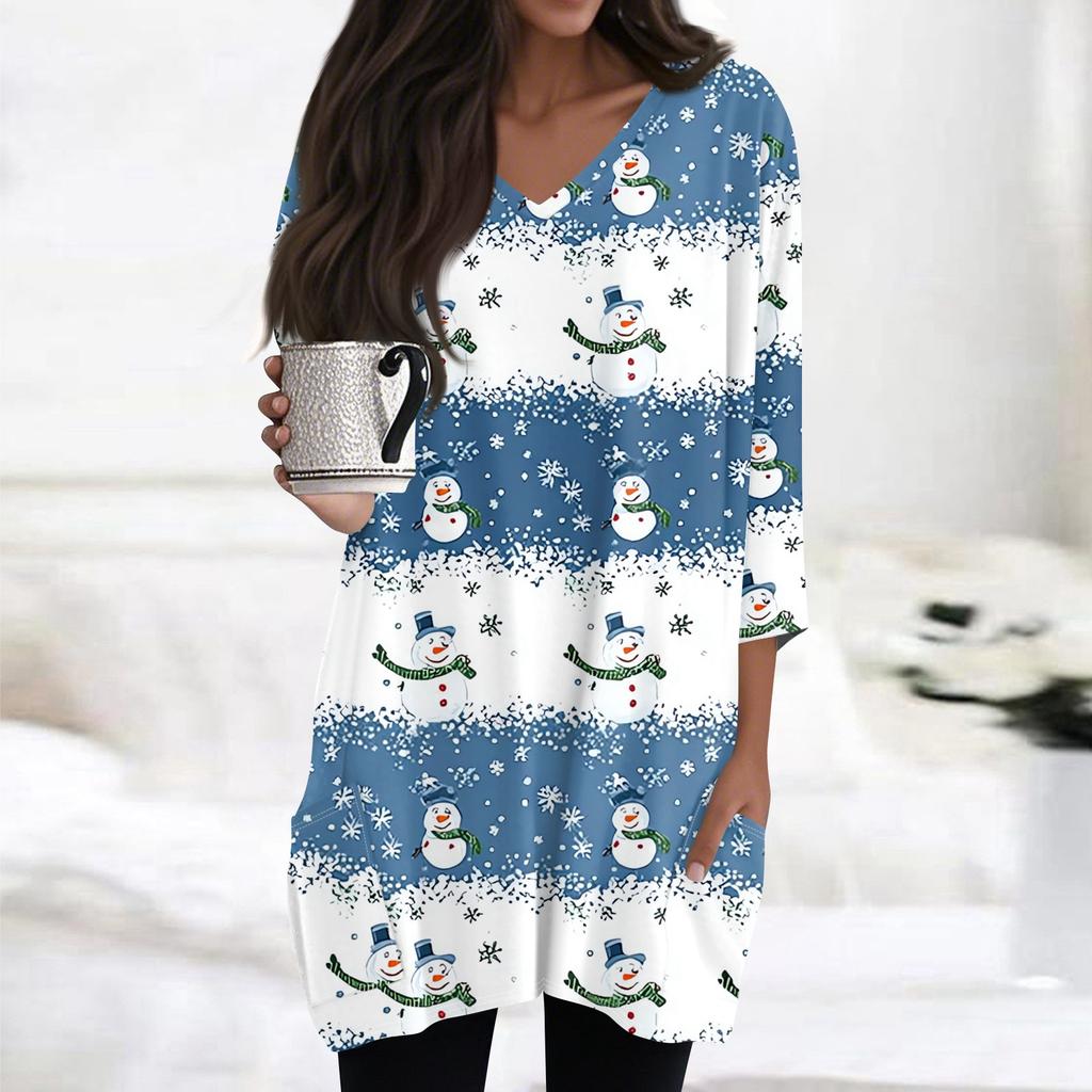 Womens Tops V-neck 3/4 Sleeve Blouses Casual Mid-length Shirts Fashion Christmas Print Tunic Tops With Pockets