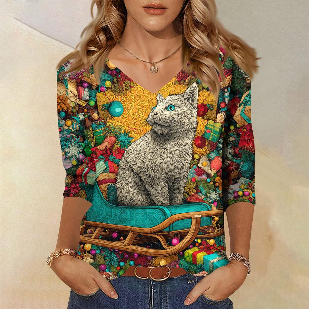 3/4 Sleeve Shirts For Women Print Christmas Tees Blouses Casual Plus Size Basic Tops Pullover