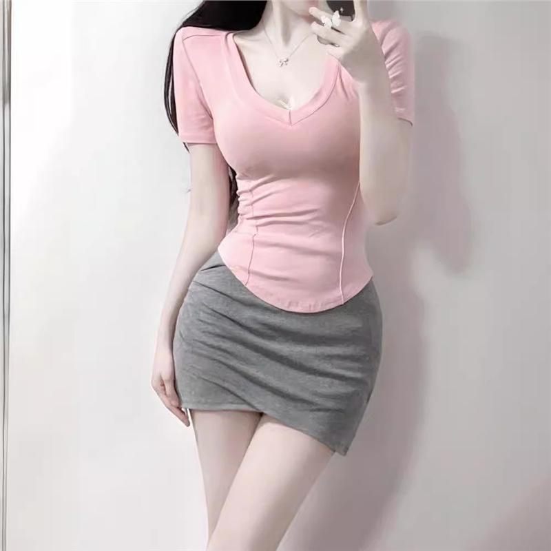 

Women s Summer Set: V-Neck Irregular Sleeve Top & Slim High-Waist Skirt L