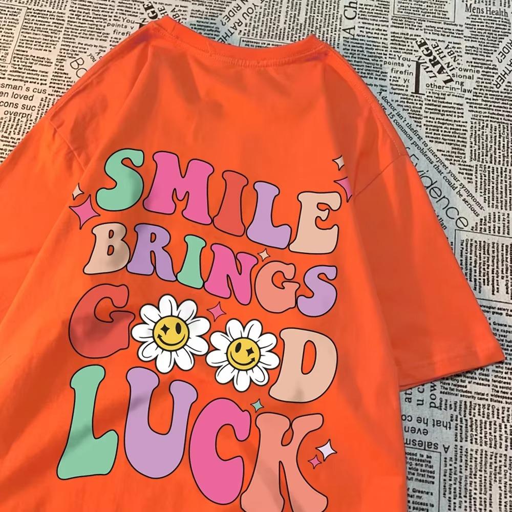 Smile Brings Good Luck Men Women Tshirt Pattern Cotton Tshirts O-Neck Breathable T-Shirt Simplicity Tee Clothes Couple Tops