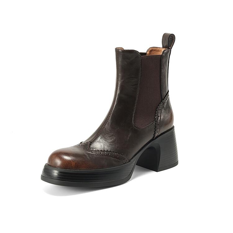 Fashion NEW Autumn Boots Women Split Leather Shoes for Women Round Toe Chunky Heel Women Shoes Black Platform Chelsea Boots Brogue Boots