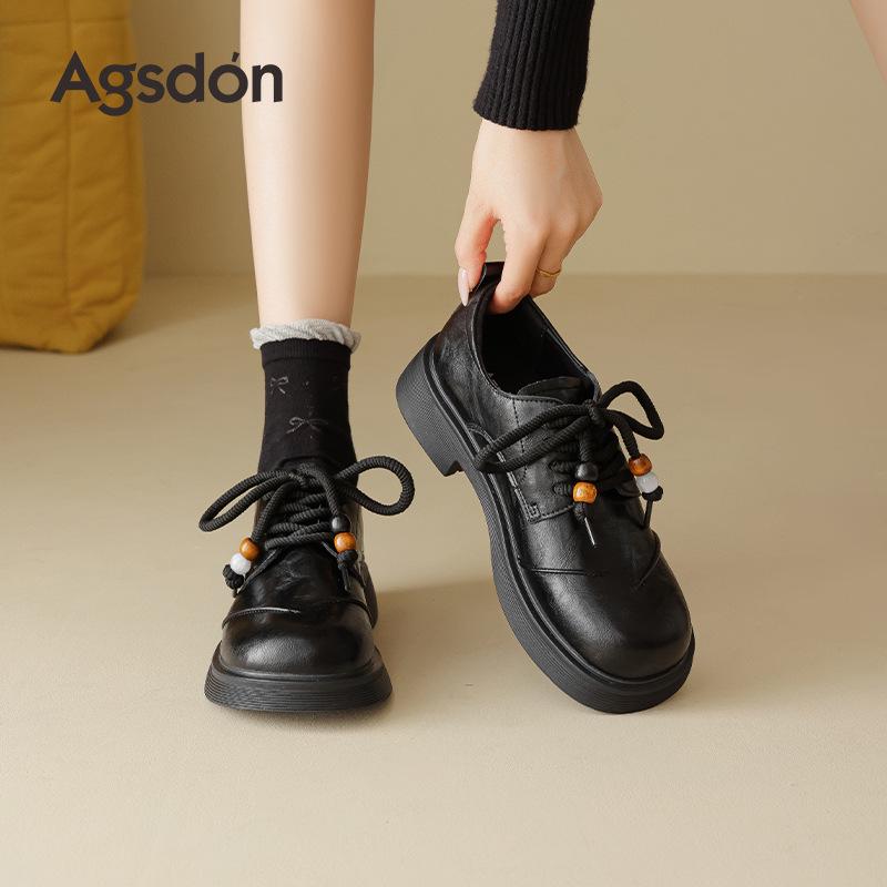 Augusdon Women's Black Lace-up Loafers, British Style, Thick Sole, Autumn 2025 Collection.