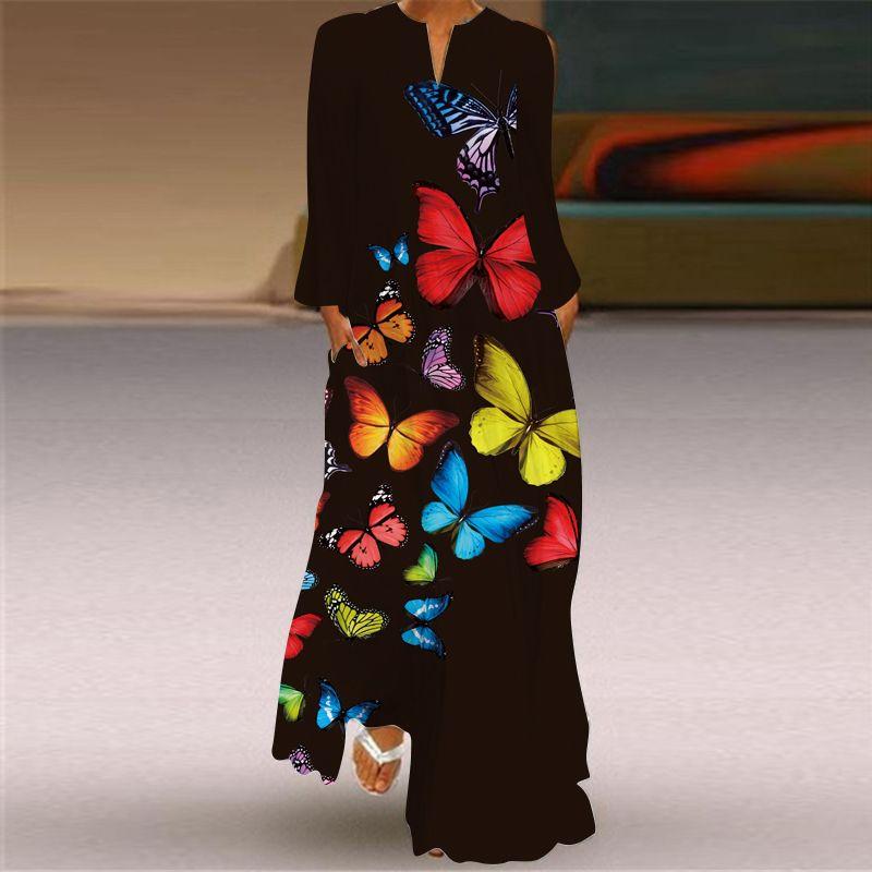 New Chinese Style Chinese Style Skirt Elegant Sexy Long Sleeves 3D Print Long Skirt Loose Plus Size Women's Clothing Long Dress