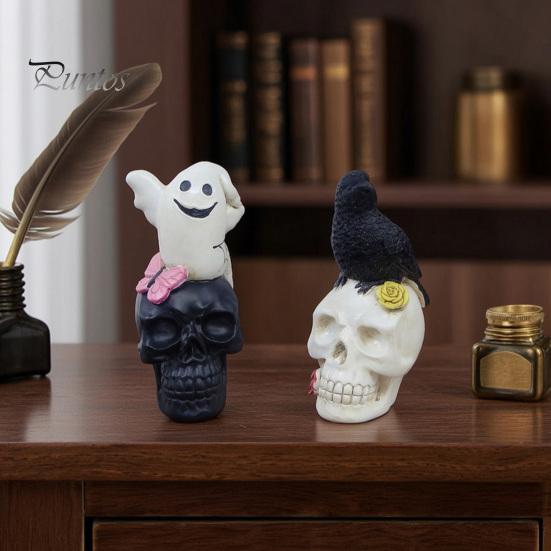 Creepy Party Table Decorations Gothic Halloween Skull Figurine, Spooky Ghost/Raven on Statue, Dark Aesthetic Room Decor Resin Tabletop Ornament