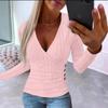Women's V Neck Ribbed Long Sleeve Slim Fit Top Button Detail Casual Blouse
