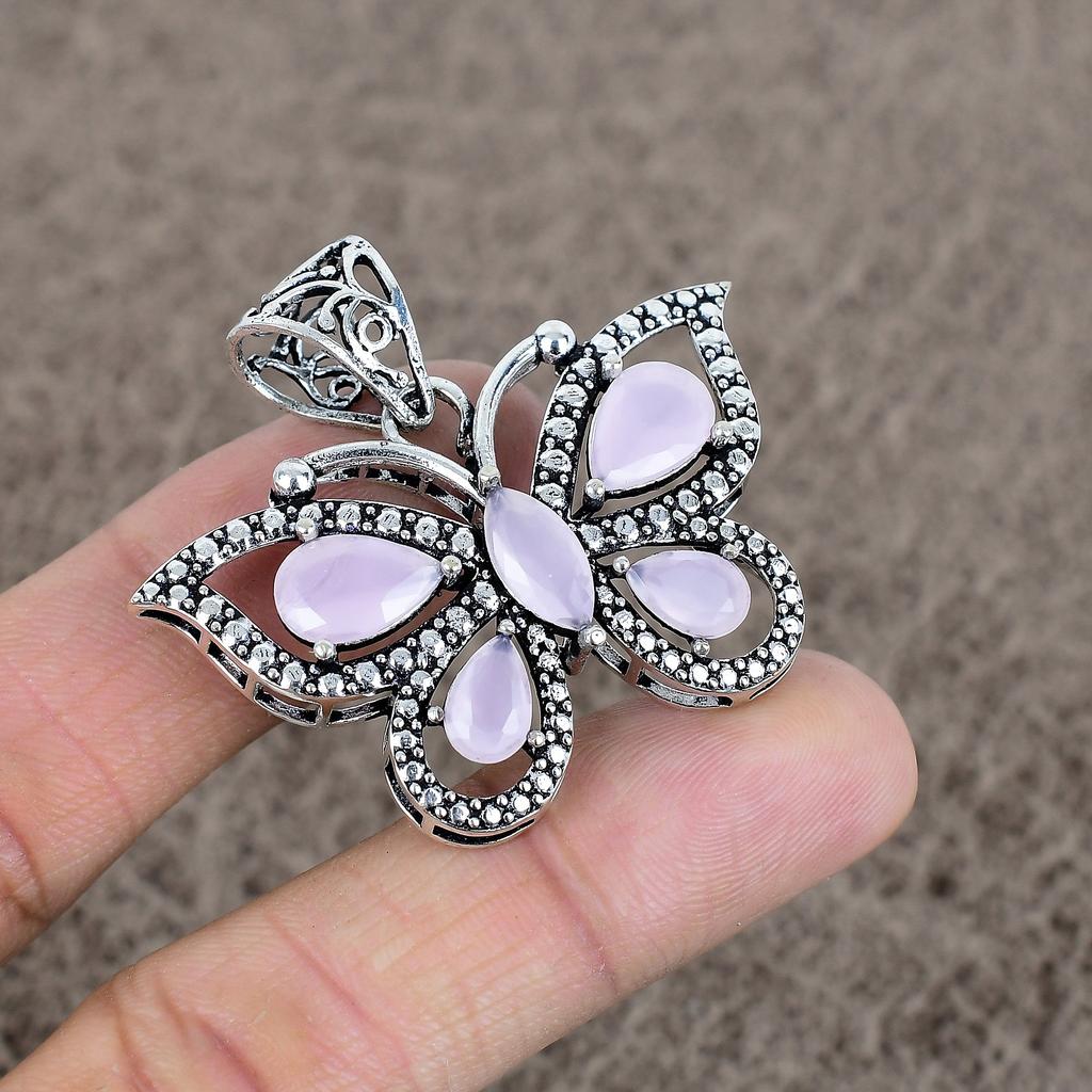 Pink Chalcedony Gemstone Handmade 925 Sterling Silver Jewelry Pendant 1.65" KKG-89