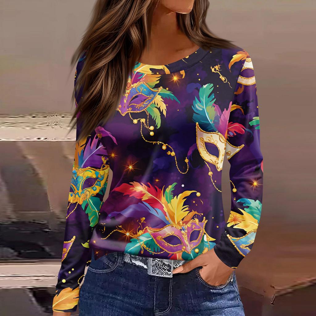Women's Fashion Casual Slit Hem Round Neck Long Sleeve Loose Printed T-Shirt Top
